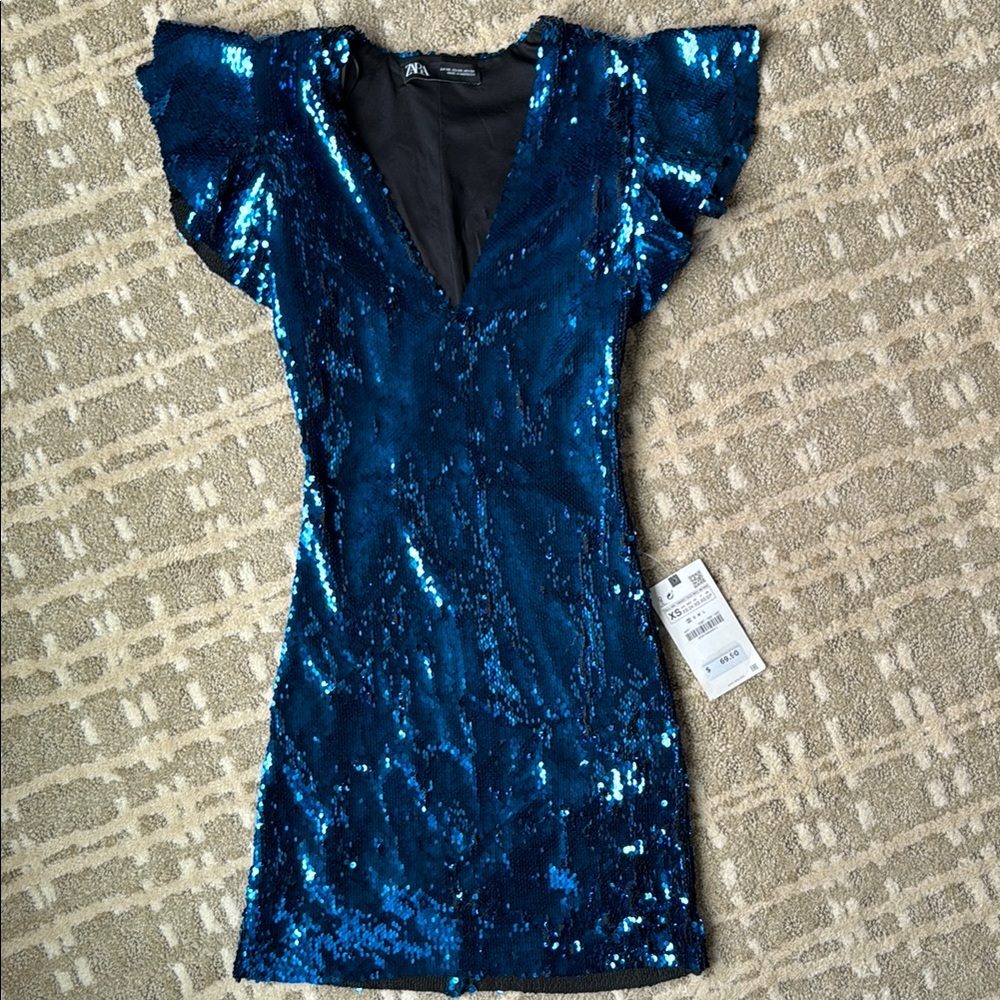 Zara Blue Sequin Bodycon Mini Cocktail Dress with Flutter Cap Sleeves XS